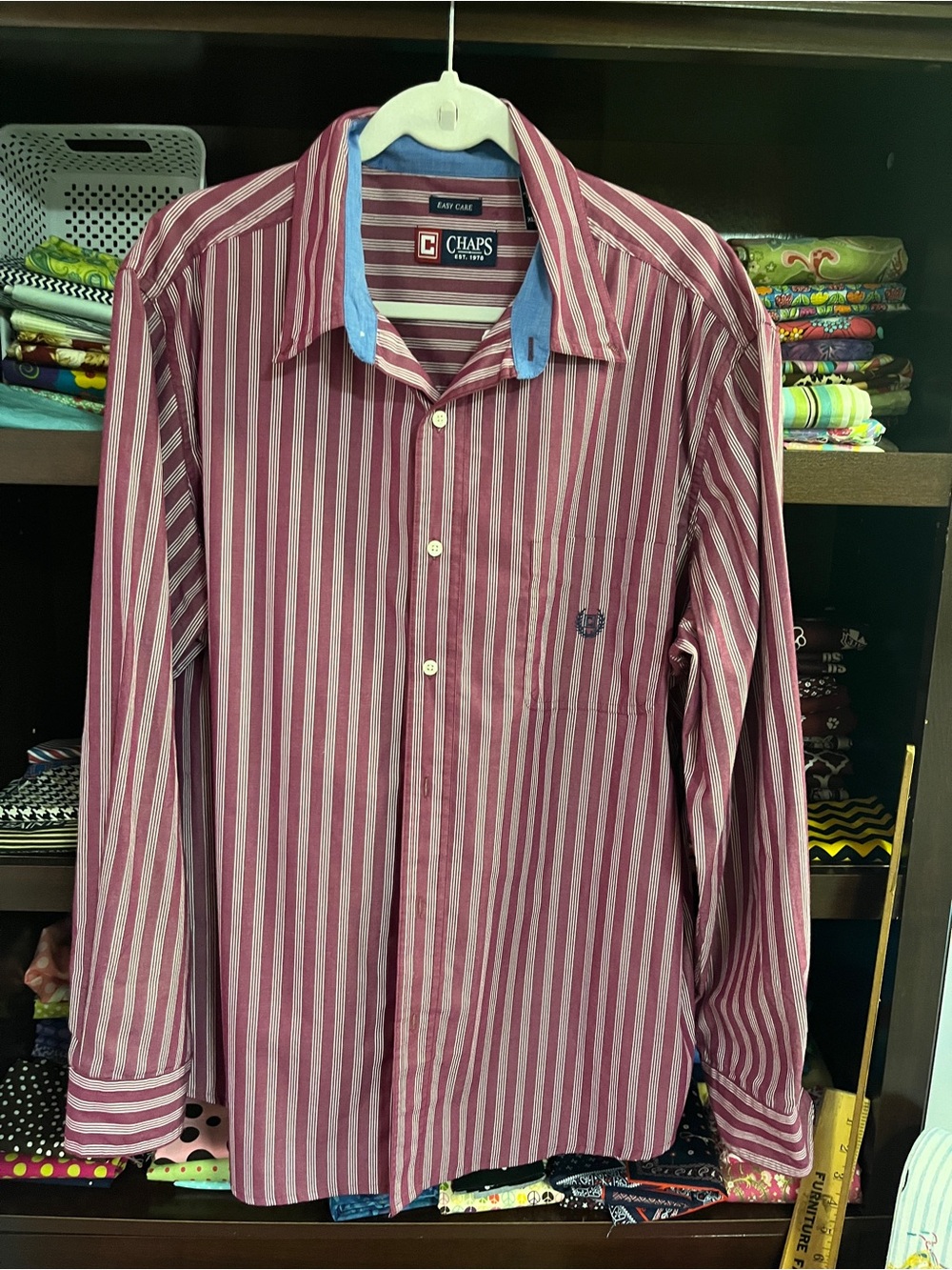 Chaps Men's Burgundy and White Vertical Stripe Button-Down Shirt